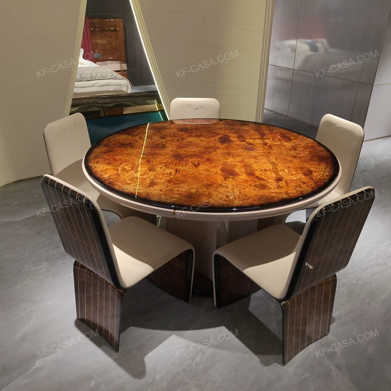 Faceted Pedestal Dining Table with High-Gloss Amber Burl Wood Top